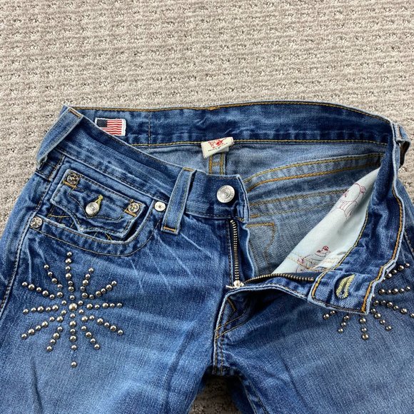 Vintage True Religion Jeans Women 29 Blue Denim Beaded Distressed Rip Ricky Pant - Picture 5 of 16